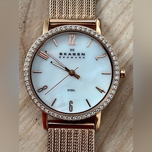 Skagen Steel Ladies Watch Crystals Rose Gold-Tone Mesh Bracelet Pearl Dial